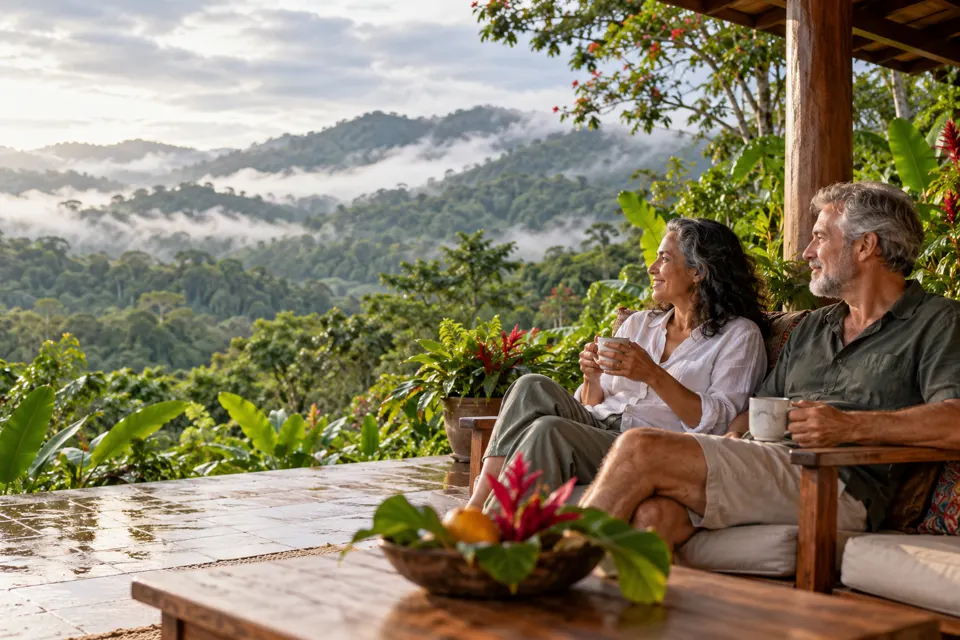 Couple on a garden veranda with rainforest hills behind in Costa Rica