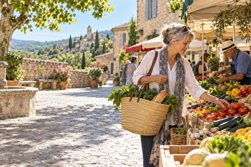 Woman with a market basket at a village market in Provence, France