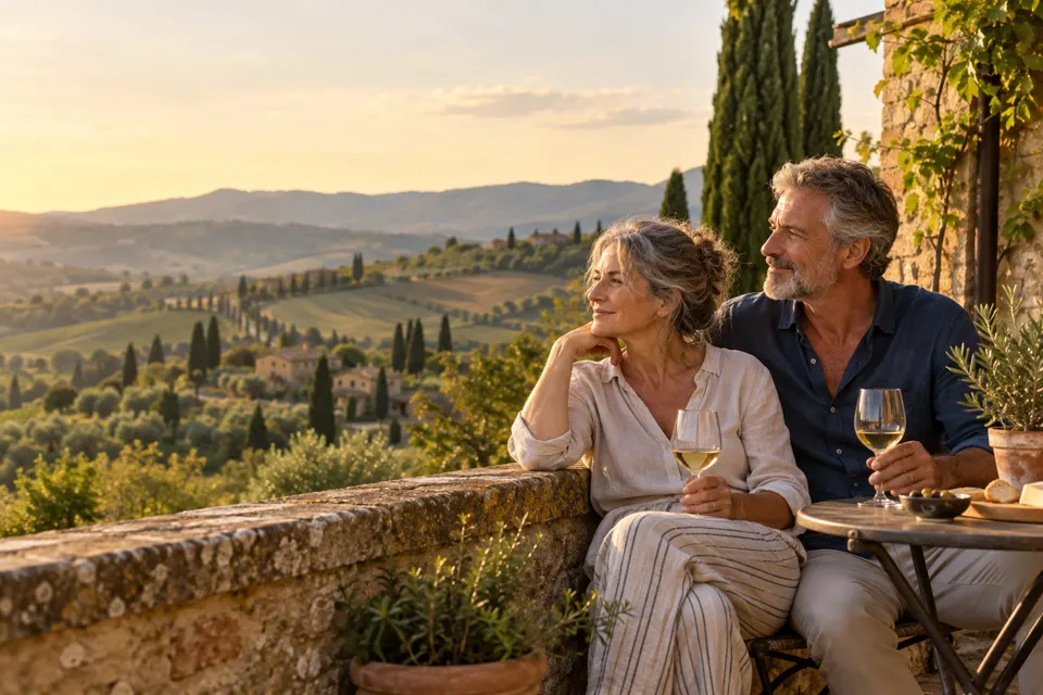 Couple on a terrace above the Tuscan hills, Italy