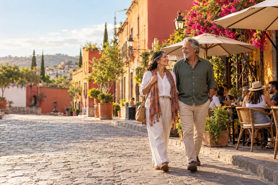 Couple at a colourful colonial plaza in central Mexico