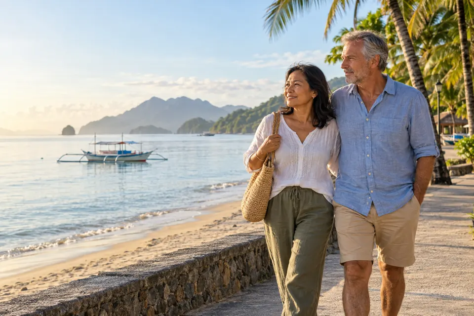 Couple on a beach promenade with palm trees in the Philippines