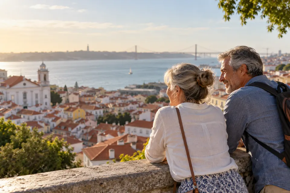 Couple at a viewpoint over the tiled roofs of Lisbon, Portugal