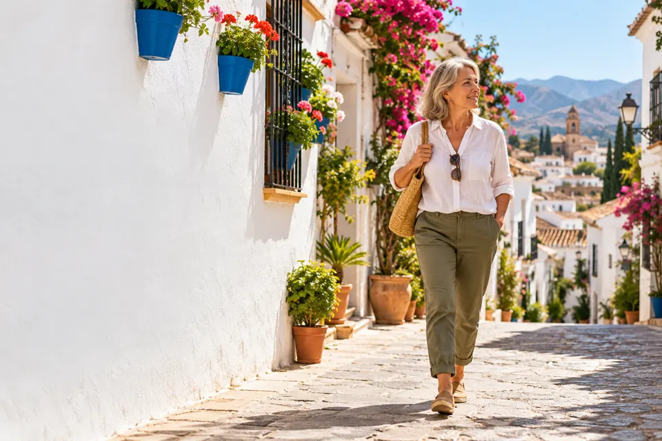 Retiree on a sunny whitewashed street in Andalusia, Spain