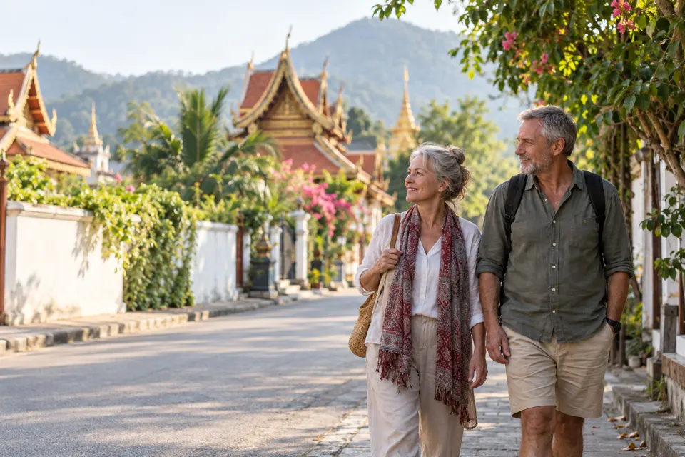 Couple in their sixties walking along a quiet street in Chiang Mai, Thailand, with temple roofs behind