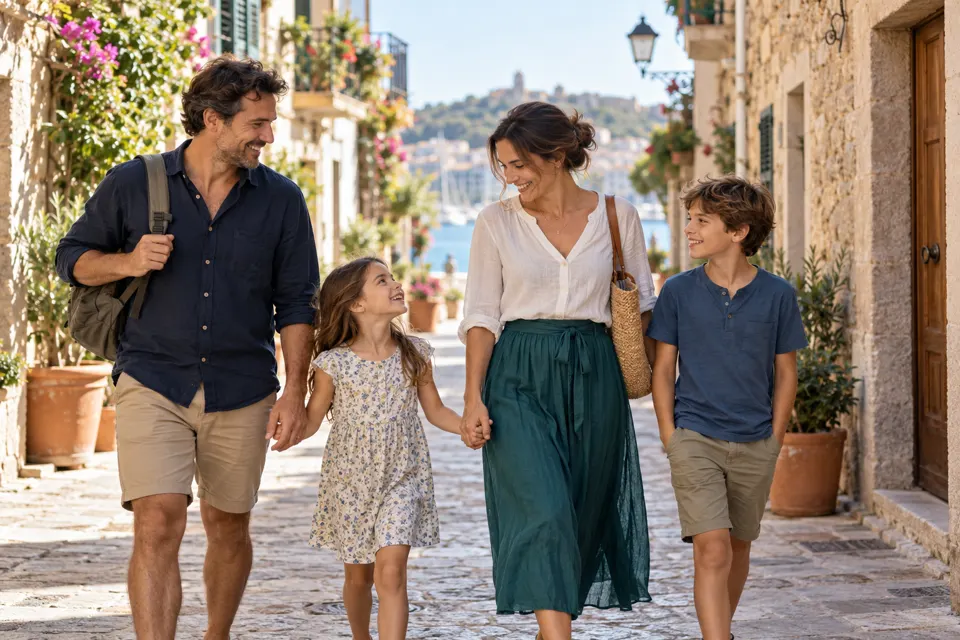 Parents walking hand in hand with their daughter and son down a sunny cobbled street in an old harbour town
