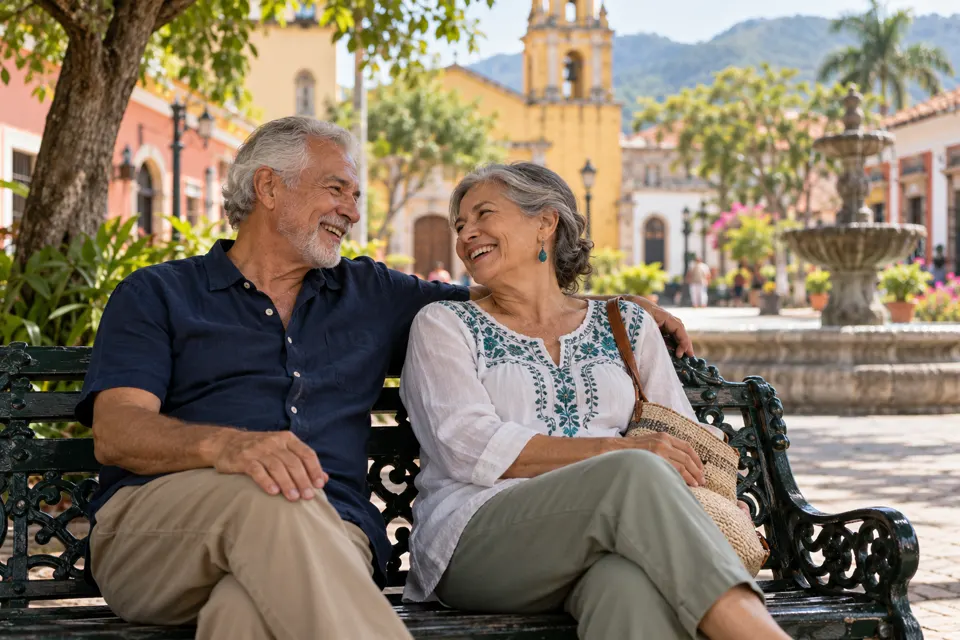 An older couple laughing together on a bench in a colonial town square with a fountain and a yellow church