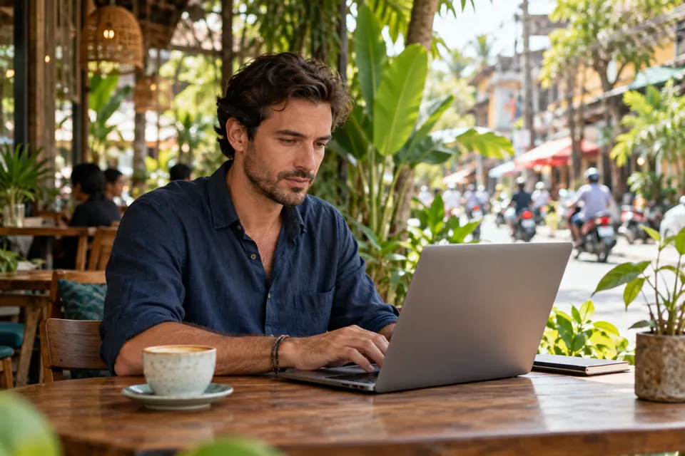 A man working on a laptop at a café table on a busy tropical street with scooters passing