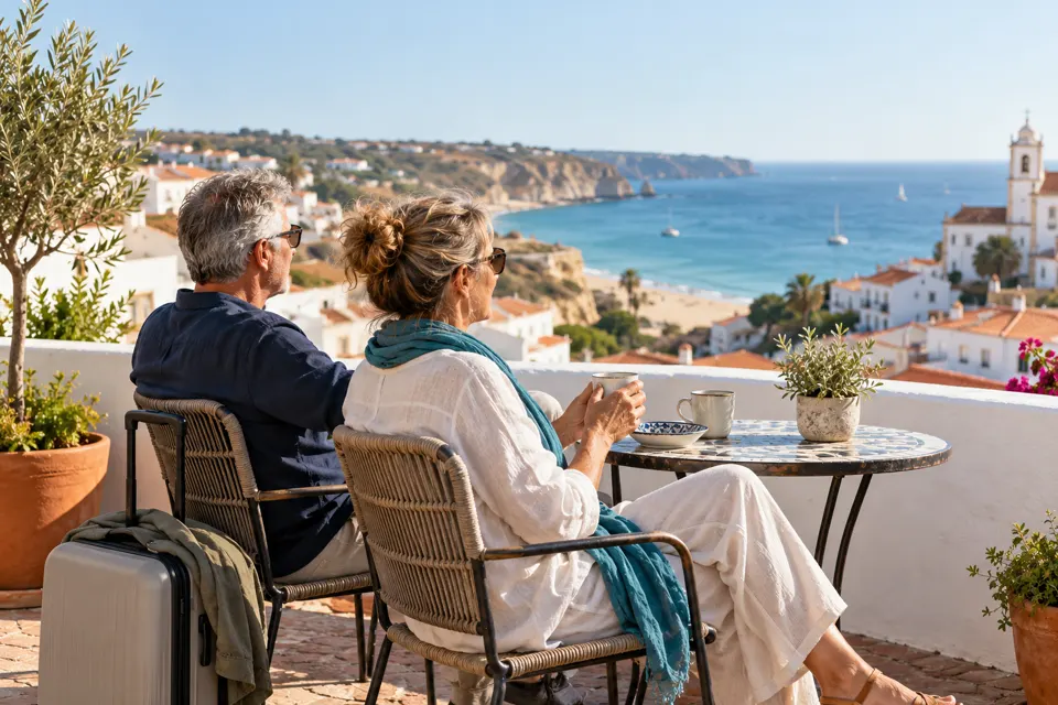 A retired couple in their sixties drinking coffee on a sunny terrace above a whitewashed seaside town, a suitcase beside them