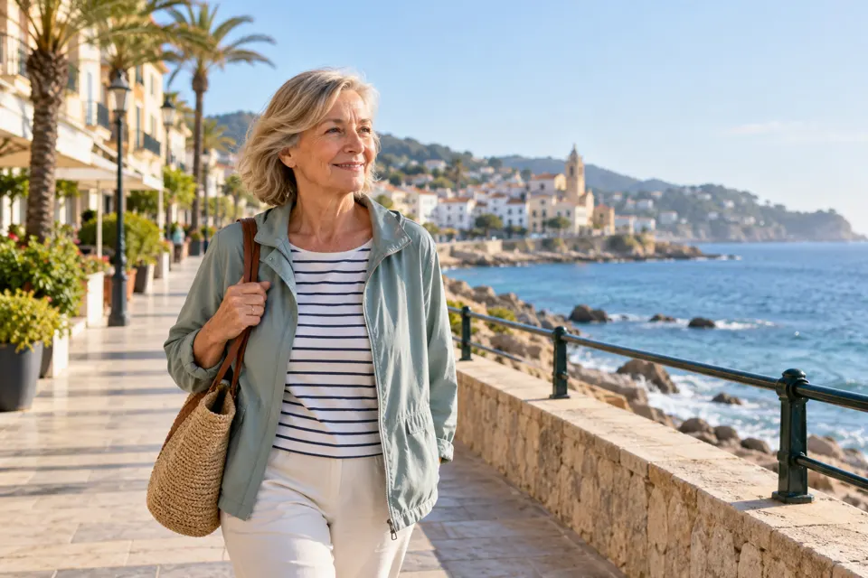 A smiling woman in her early sixties walking along a Mediterranean seafront promenade with a straw bag